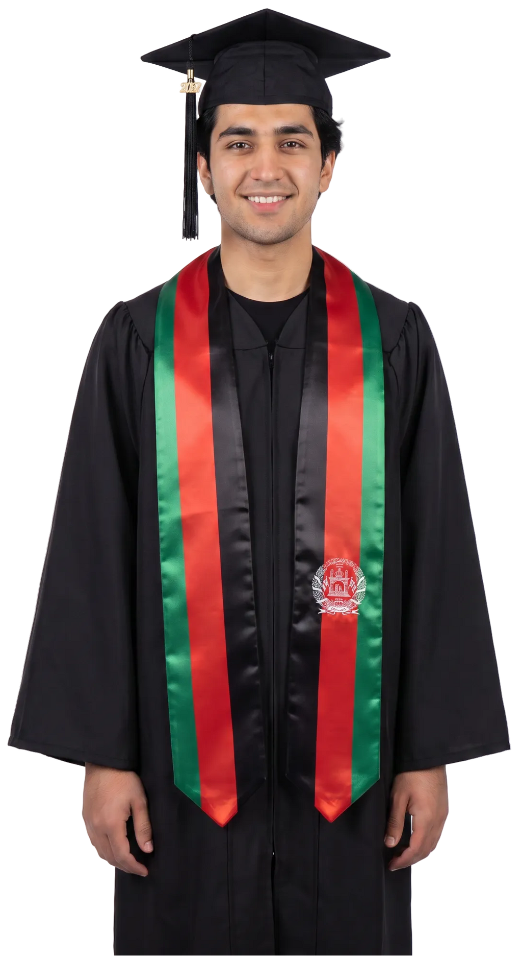 Afghanistan graduation stole with Afghanistan flag design, black and red graduation sash worn over a graduation gown