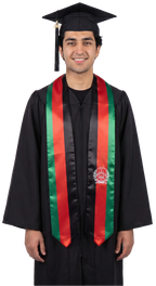 Afghanistan graduation stole with Afghanistan flag design, black and red graduation sash worn over a graduation gown