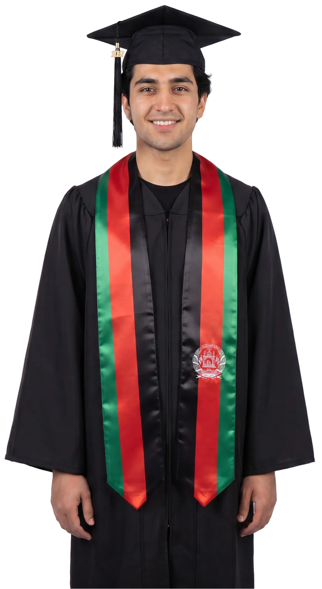Afghanistan graduation stole with Afghanistan flag design, black and red graduation sash worn over a graduation gown