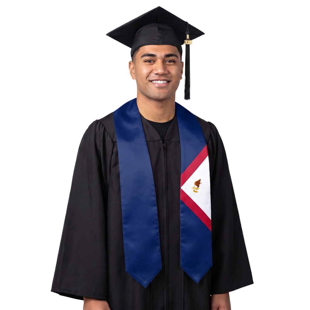 American Samoa graduation stole with American Samoa flag design, graduation sash worn over a graduation gown