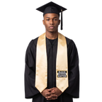 Antique gold graduation stole with “BLACK GRADS MATTER” lettering in a black and white rectangular design on one side and pointed ends.

