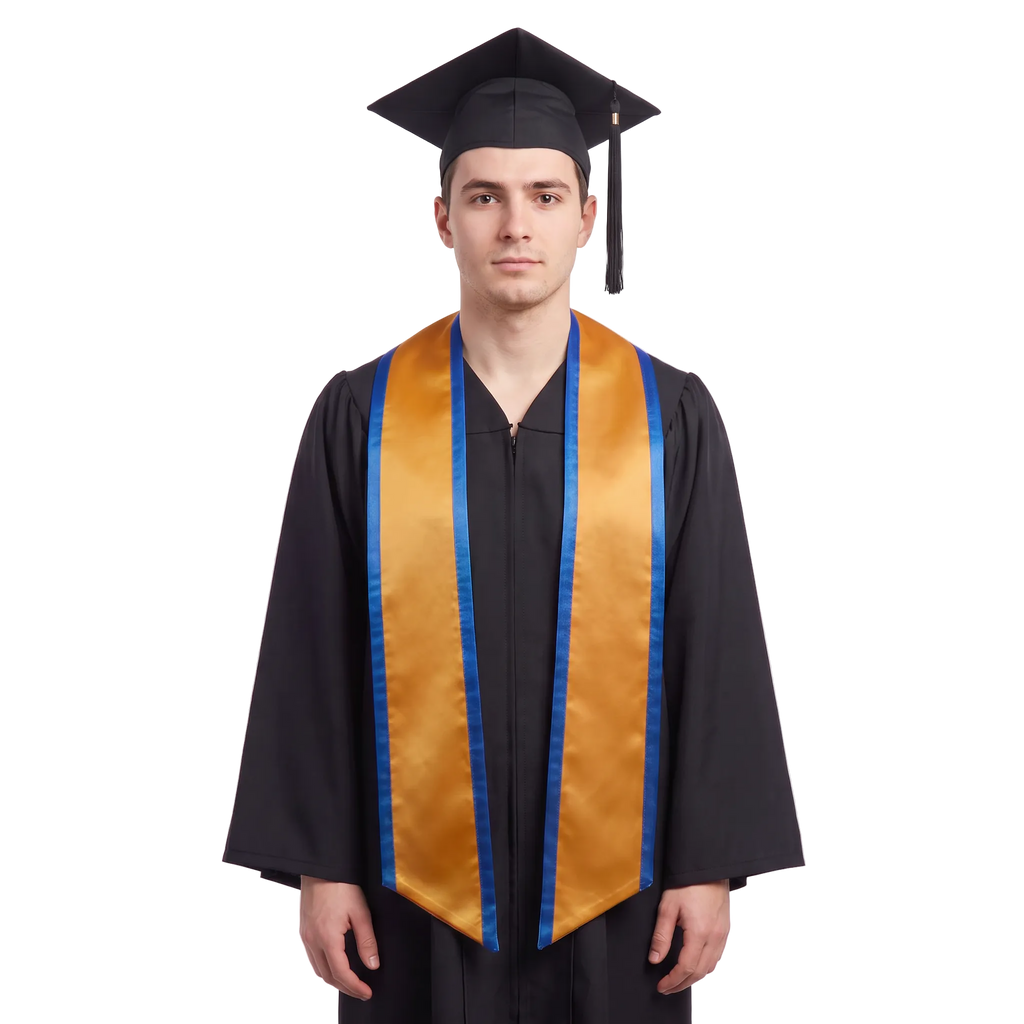 Antique gold graduation stole with royal blue trim along the edges and slanted ends, shown in a front view.
