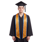 Antique gold graduation stole with royal blue trim along the edges and slanted ends, shown in a front view.

