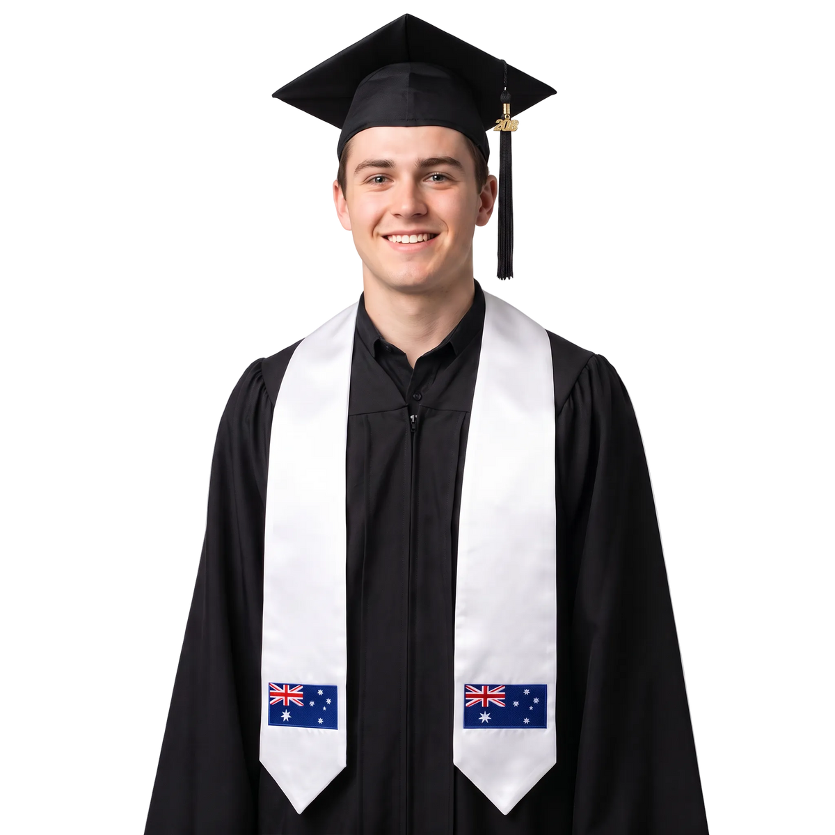 Australia embroidered flag patch graduation stole, Australian flag patch sash worn over a graduation gown