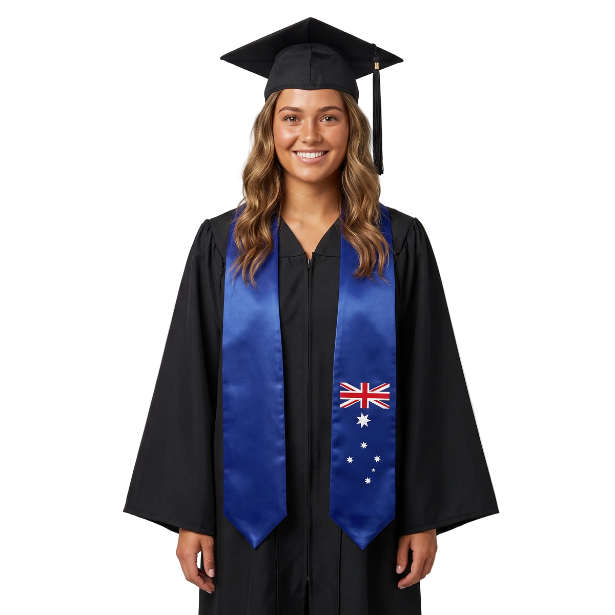 Australia graduation stole with Australian flag design, graduation sash worn over a graduation gown