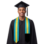 Bahamas graduation stole with Bahamian flag design, graduation sash worn over a graduation gown