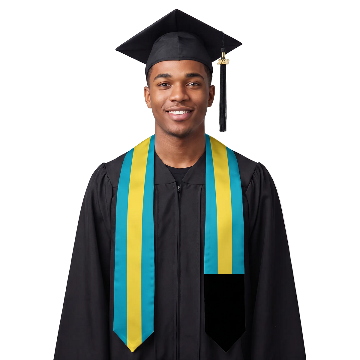 Bahamas graduation stole with Bahamian flag design, graduation sash worn over a graduation gown