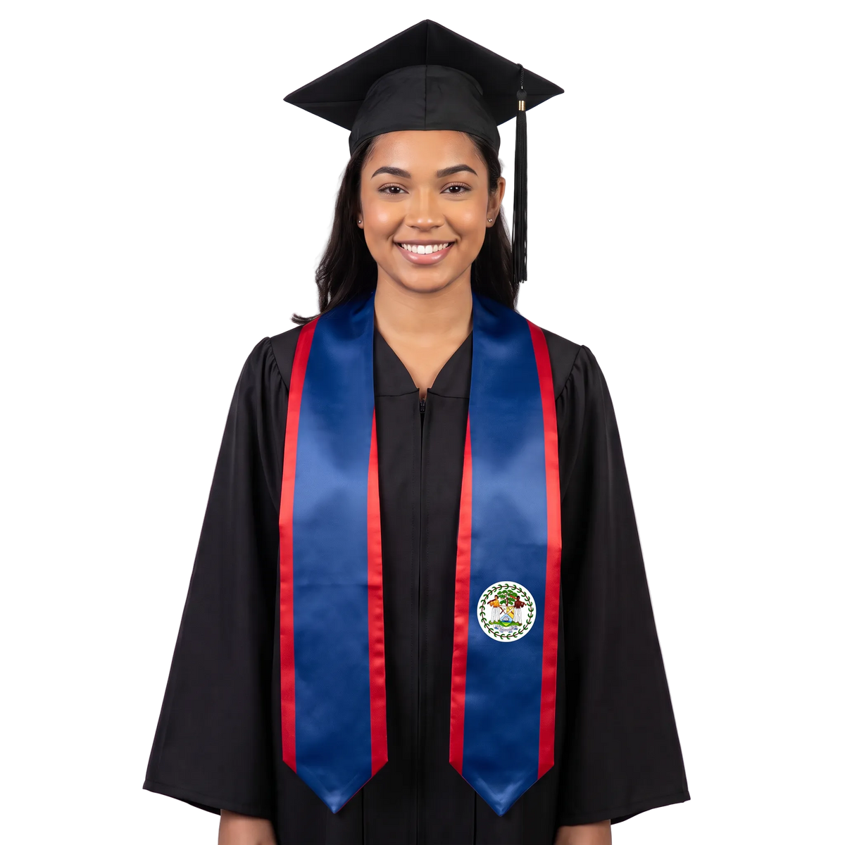 Blue Belize flag graduation stole with red trim, Belize coat of arms on one side, and pointed ends.⠋