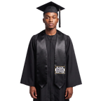 Black graduation stole with “BLACK GRADS MATTER” lettering in a black and white rectangular design outlined in gold on one side and pointed ends.
