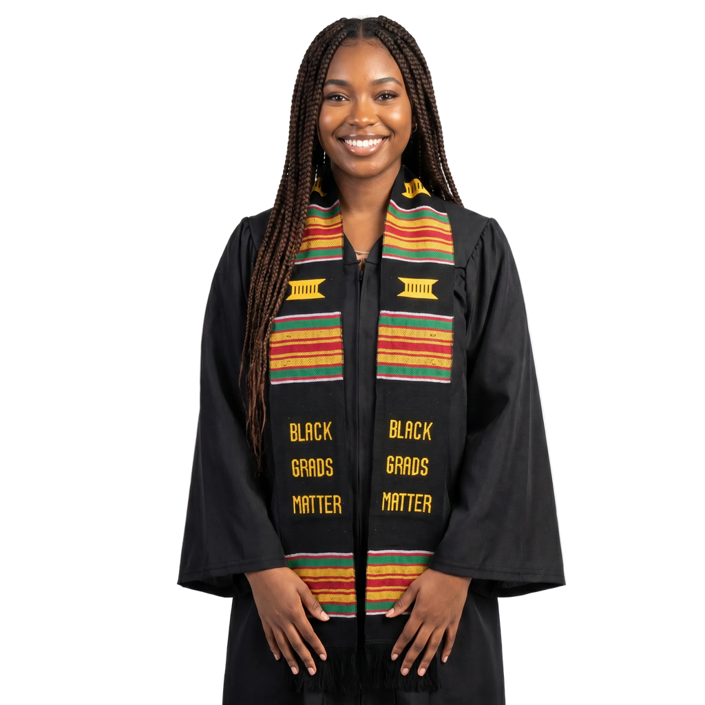 Black Grads Matter handwoven Kente cloth graduation stole for Black college graduates