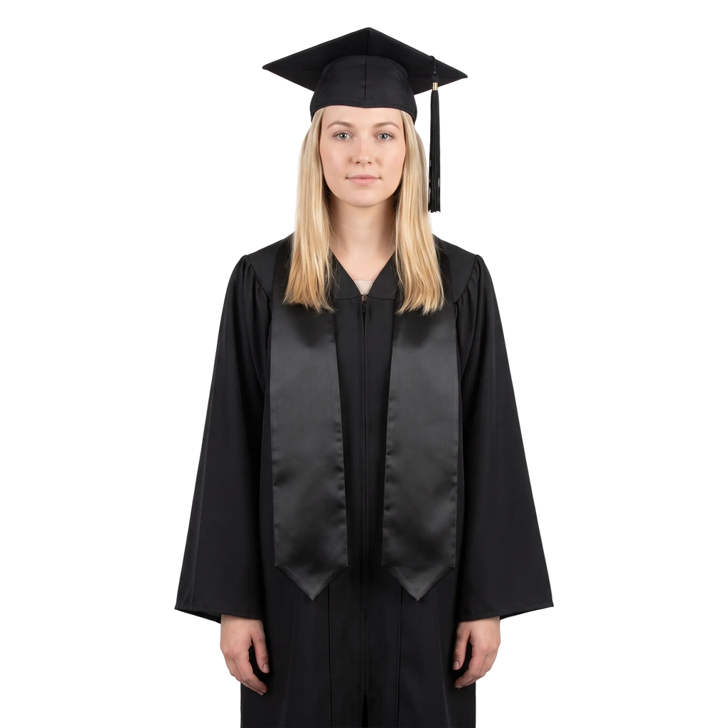 Graduate wearing a plain black university and college graduation stole with pointed ends over a black graduation gown.
