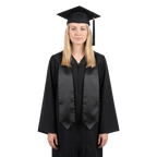 Graduate wearing a plain black university and college graduation stole with pointed ends over a black graduation gown.
