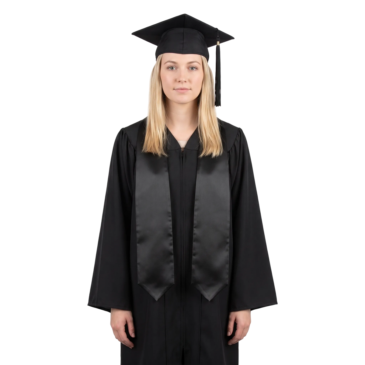 Graduate wearing a plain black university and college graduation stole with pointed ends over a black graduation gown.
