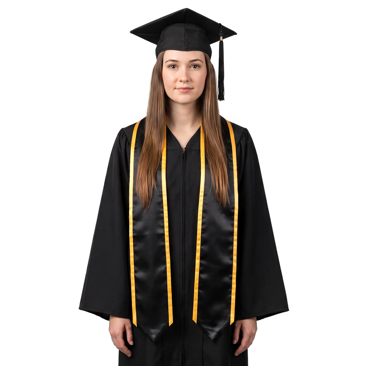 Black graduation stole with gold trim along the edges and pointed ends, shown in a front view.
