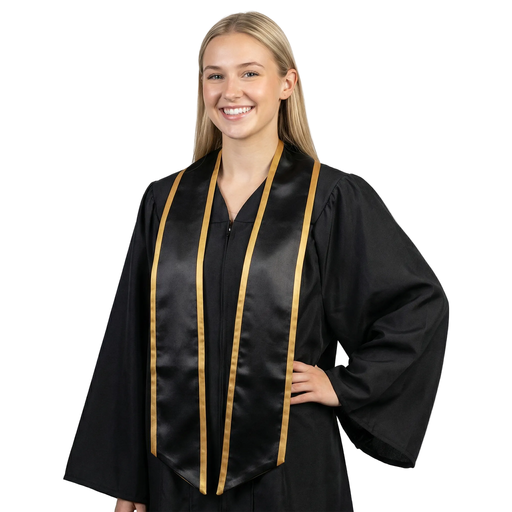 Black graduation stole with antique gold trim along the edges and slanted ends, shown in a front view.