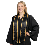 Black graduation stole with antique gold trim along the edges and slanted ends, shown in a front view.