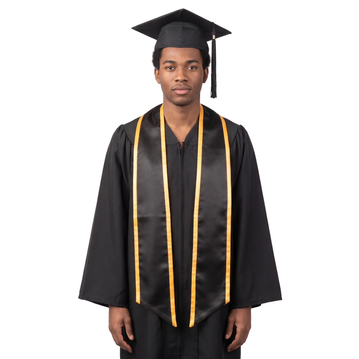 Black graduation stole with gold trim along the edges and slanted ends, shown in a front view.
