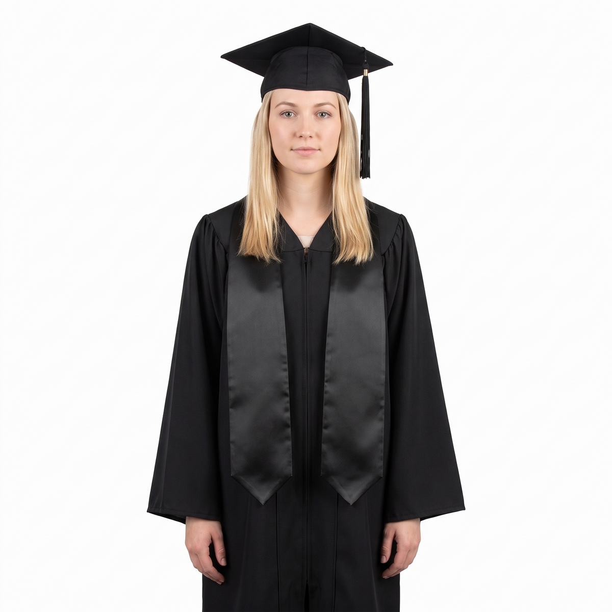 Graduate wearing a plain black university and college graduation stole with pointed ends over a black graduation gown.
