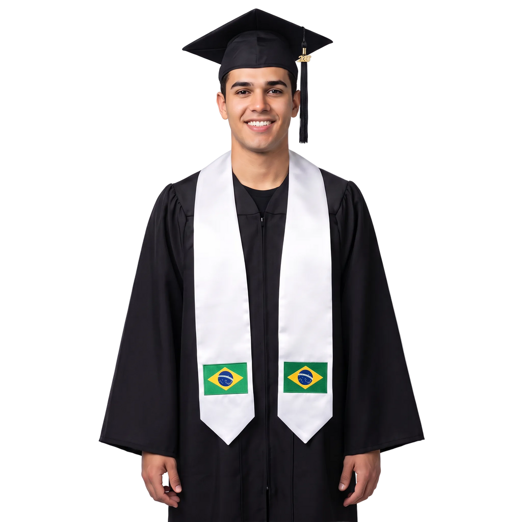 Brazil embroidered flag patch graduation stole, Brazilian flag patch sash worn over a graduation gown