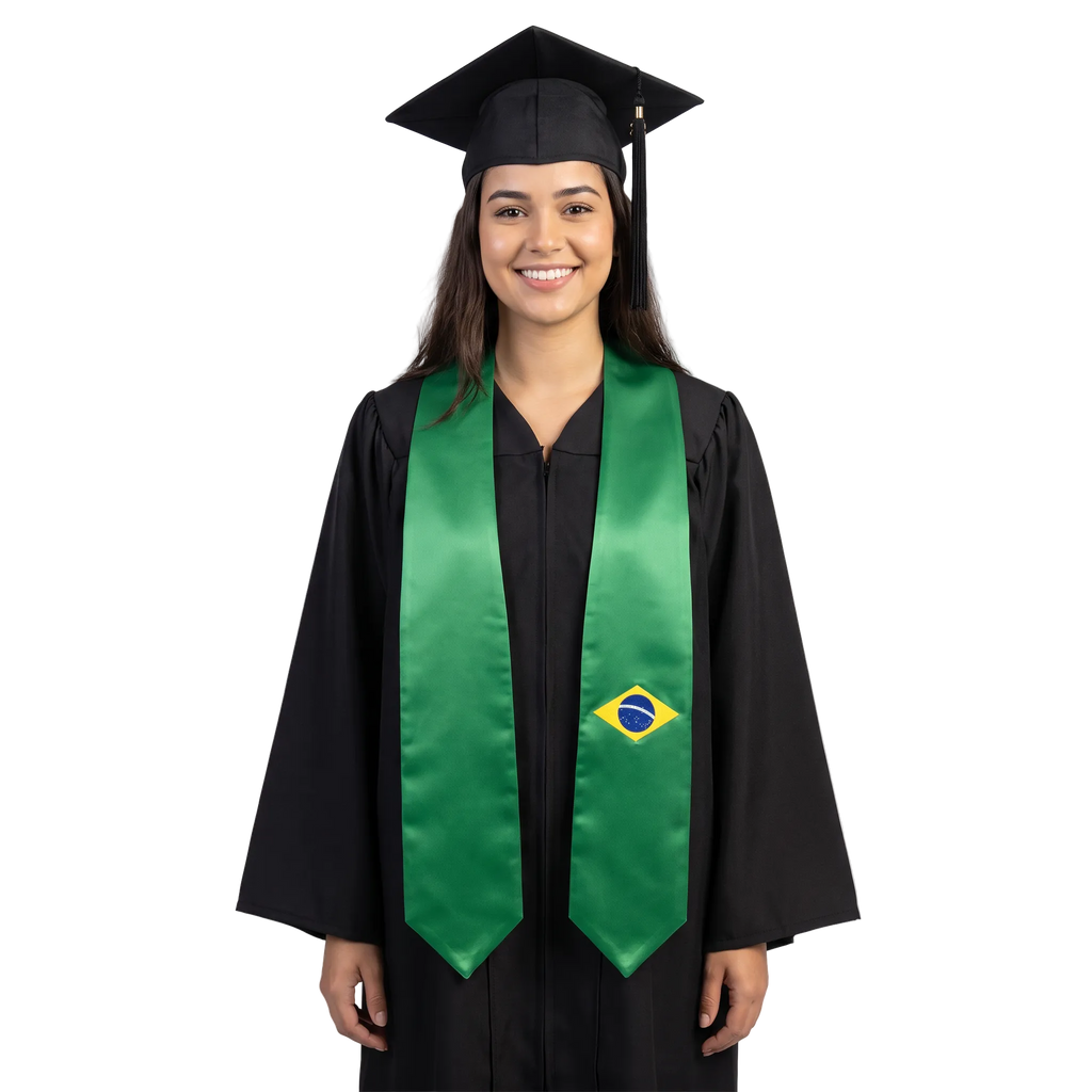Brazil graduation stole with Brazilian flag design, graduation sash worn over a graduation gown