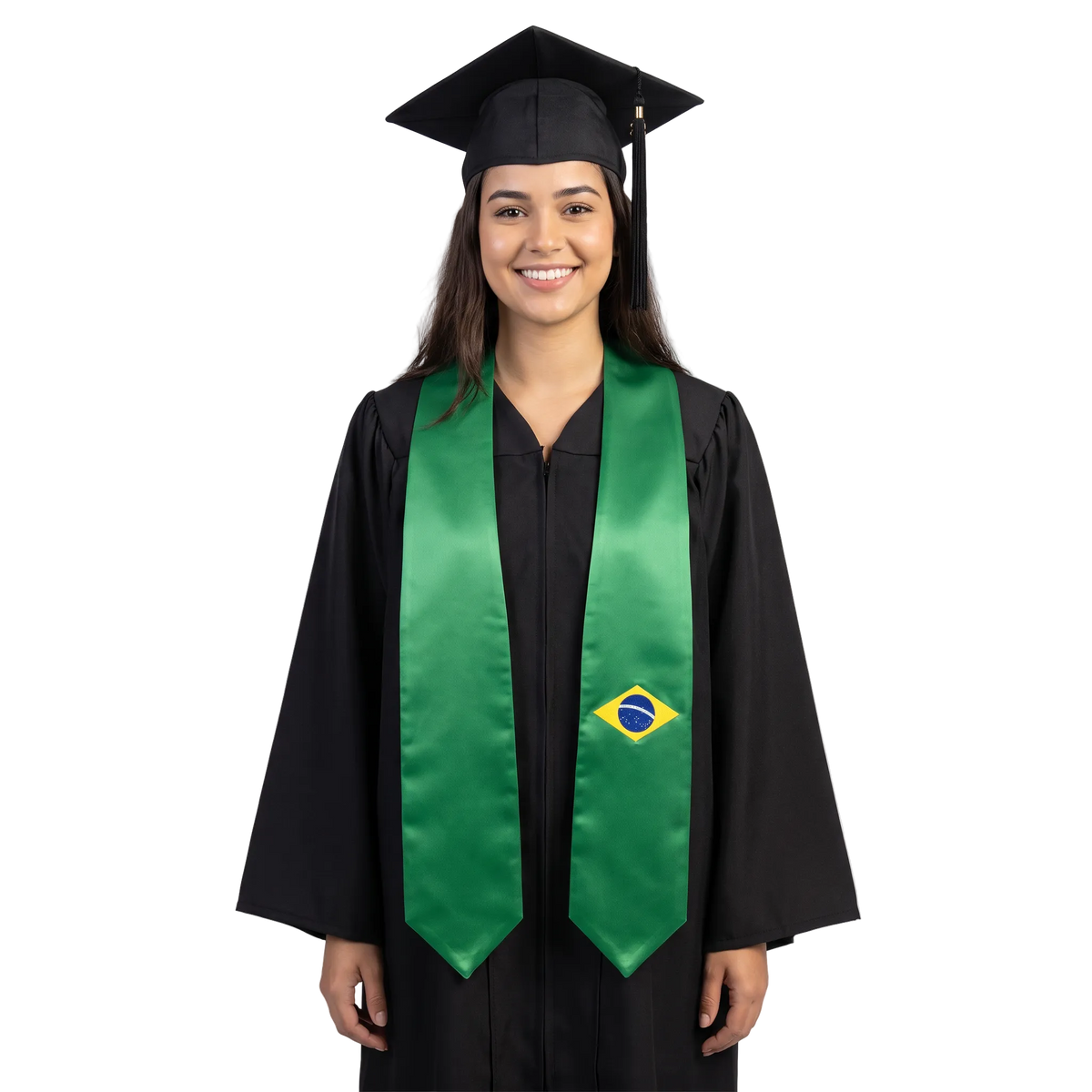 Brazil graduation stole with Brazilian flag design, graduation sash worn over a graduation gown