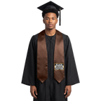 Brown graduation stole with “BLACK GRADS MATTER” lettering in a black and white rectangular design outlined in gold on one side and pointed ends.
