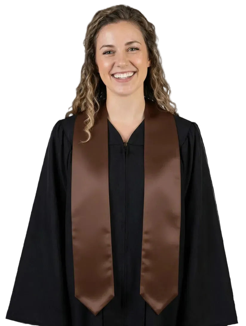 Plain brown graduation stole with pointed ends displayed on a wooden hanger against a white background.
