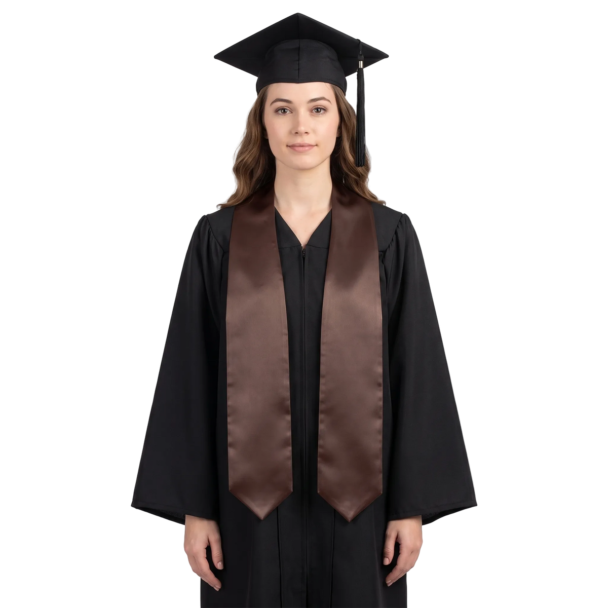 Plain brown graduation stole with pointed ends displayed on a wooden hanger against a white background.
