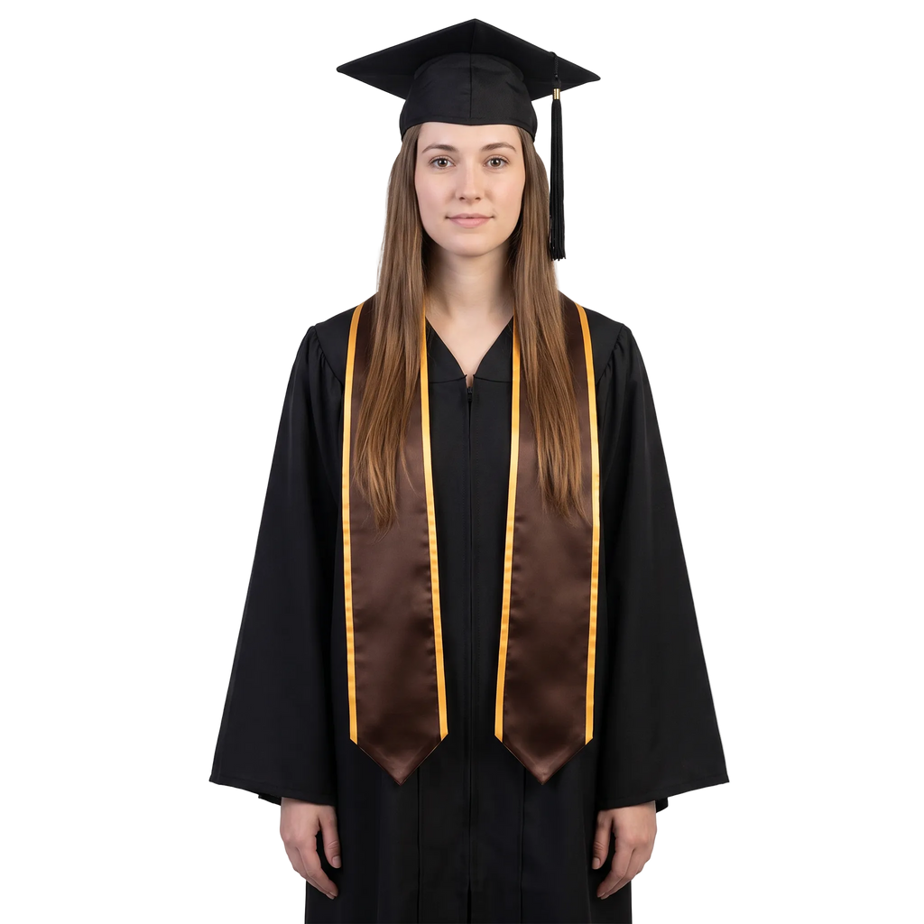 Brown graduation stole with gold trim along the edges and pointed ends, shown in a front view.
