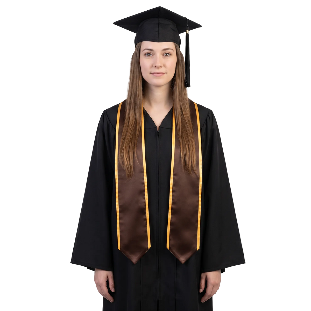 Brown graduation stole with gold trim along the edges and pointed ends, shown in a front view.
