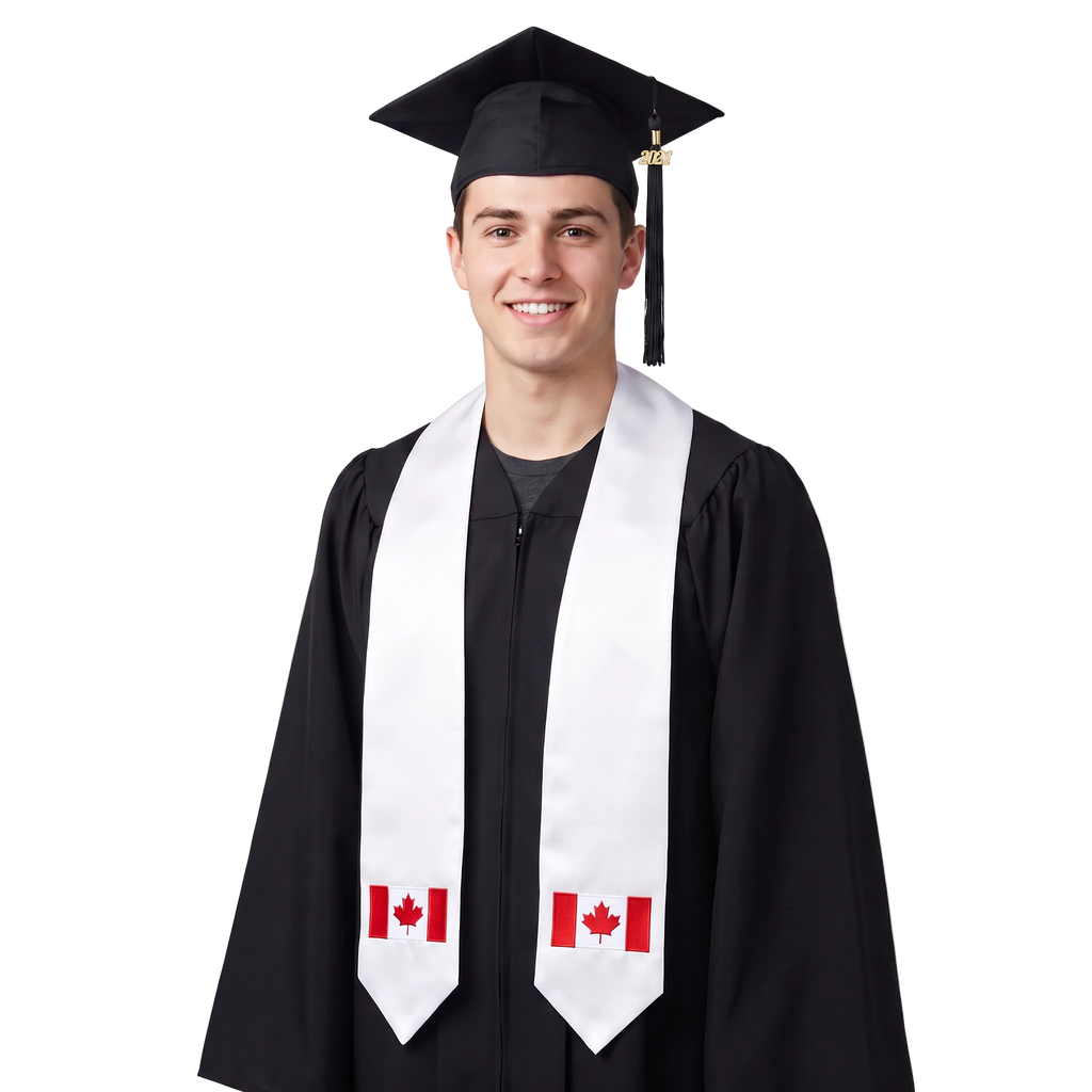 Canada embroidered flag patch graduation stole, Canadian flag patch sash worn over a graduation gown