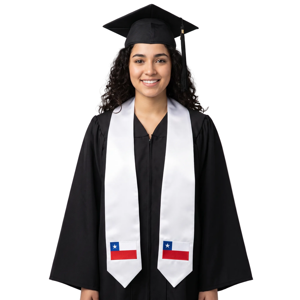Chile embroidered flag patch graduation stole, Chilean flag patch sash worn over a graduation gown