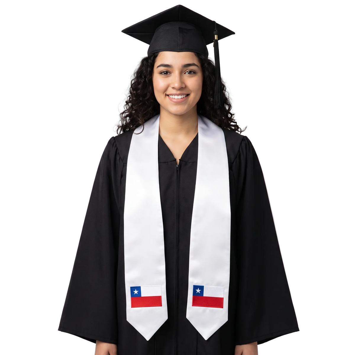 Chile embroidered flag patch graduation stole, Chilean flag patch sash worn over a graduation gown