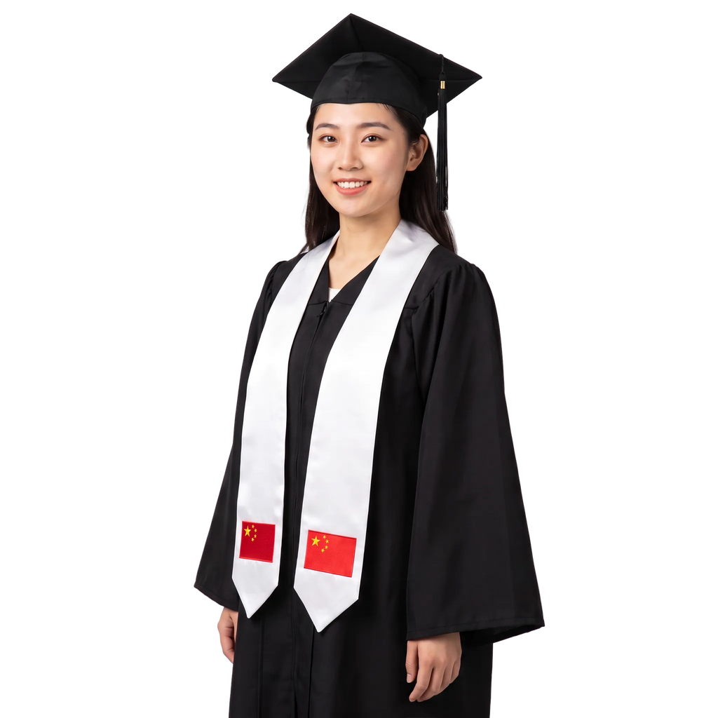 White graduation stole with embroidered China flag patches on both sides, featuring red flags with yellow stars and pointed ends.