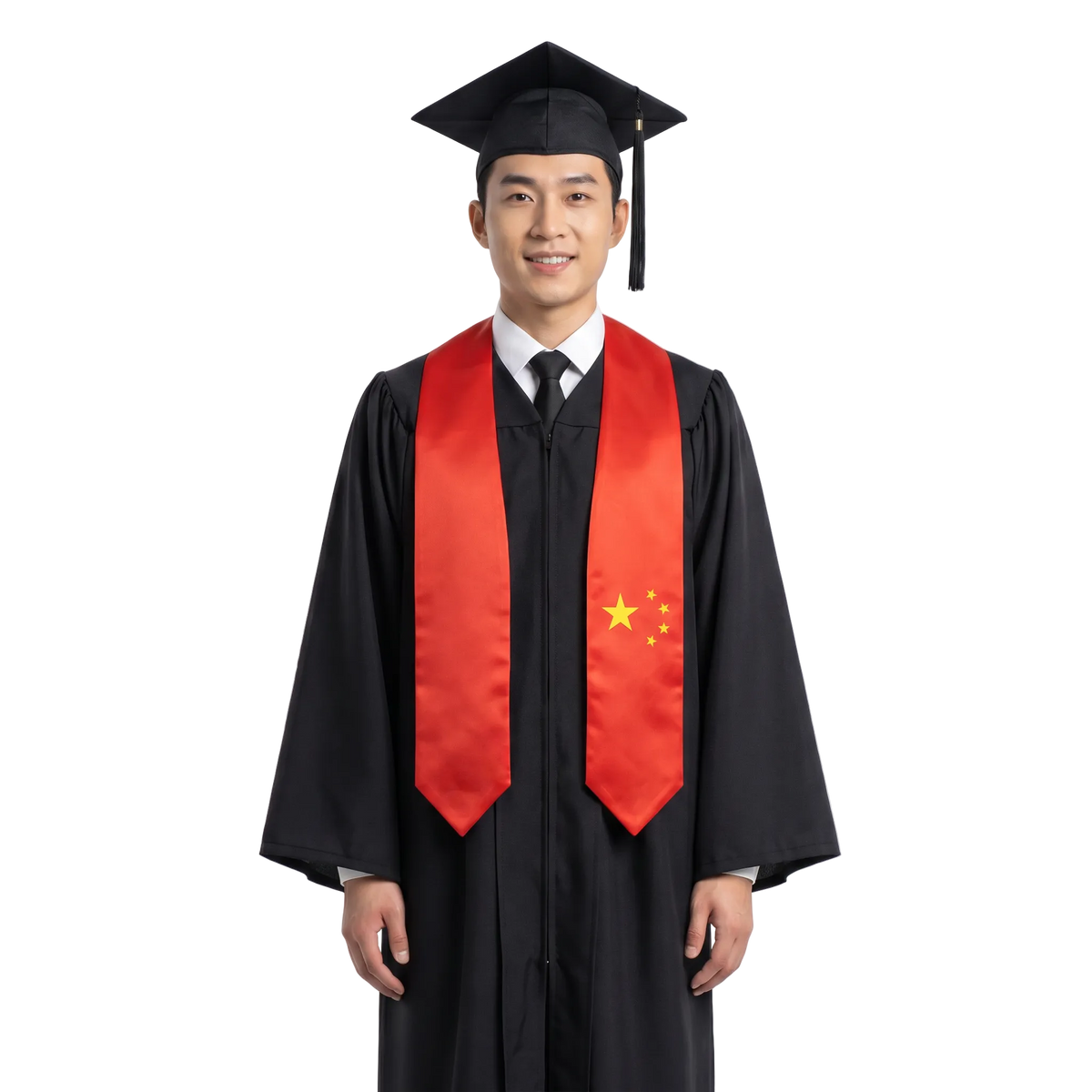 China graduation stole with Chinese flag design, graduation sash worn over a graduation gown