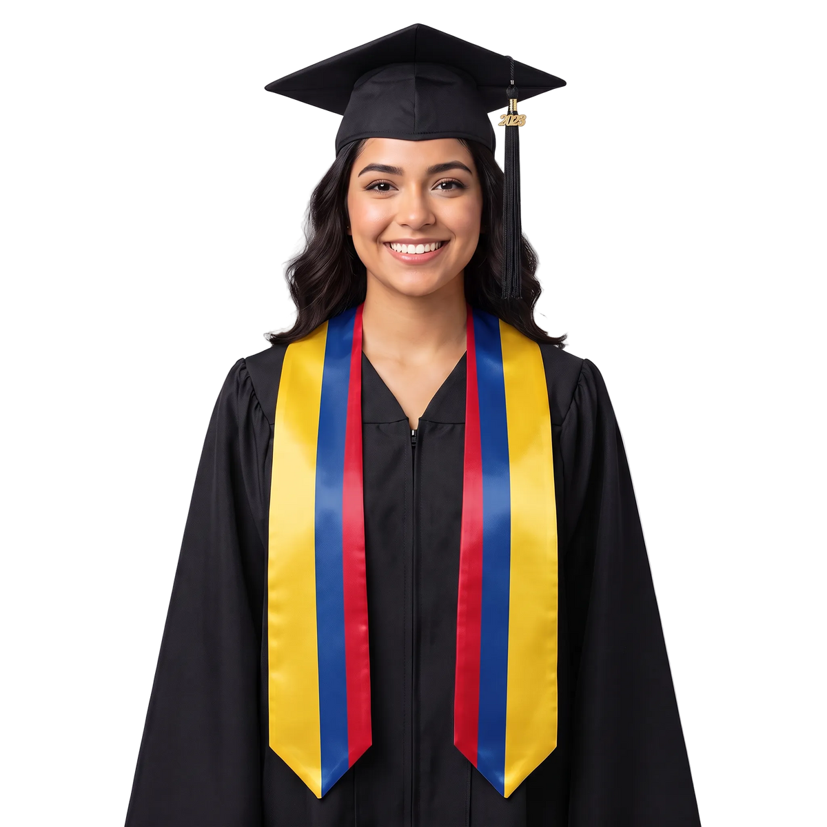 Colombia graduation stole with Colombian flag design, graduation sash worn over a graduation gown"