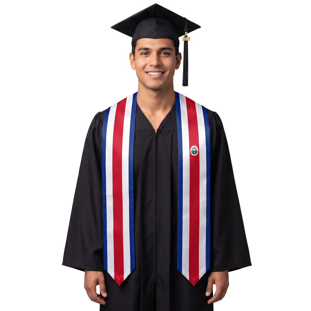 Costa Rica graduation stole with Costa Rican flag design, graduation sash worn over a graduation gown