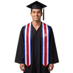 Costa Rica graduation stole with Costa Rican flag design, graduation sash worn over a graduation gown