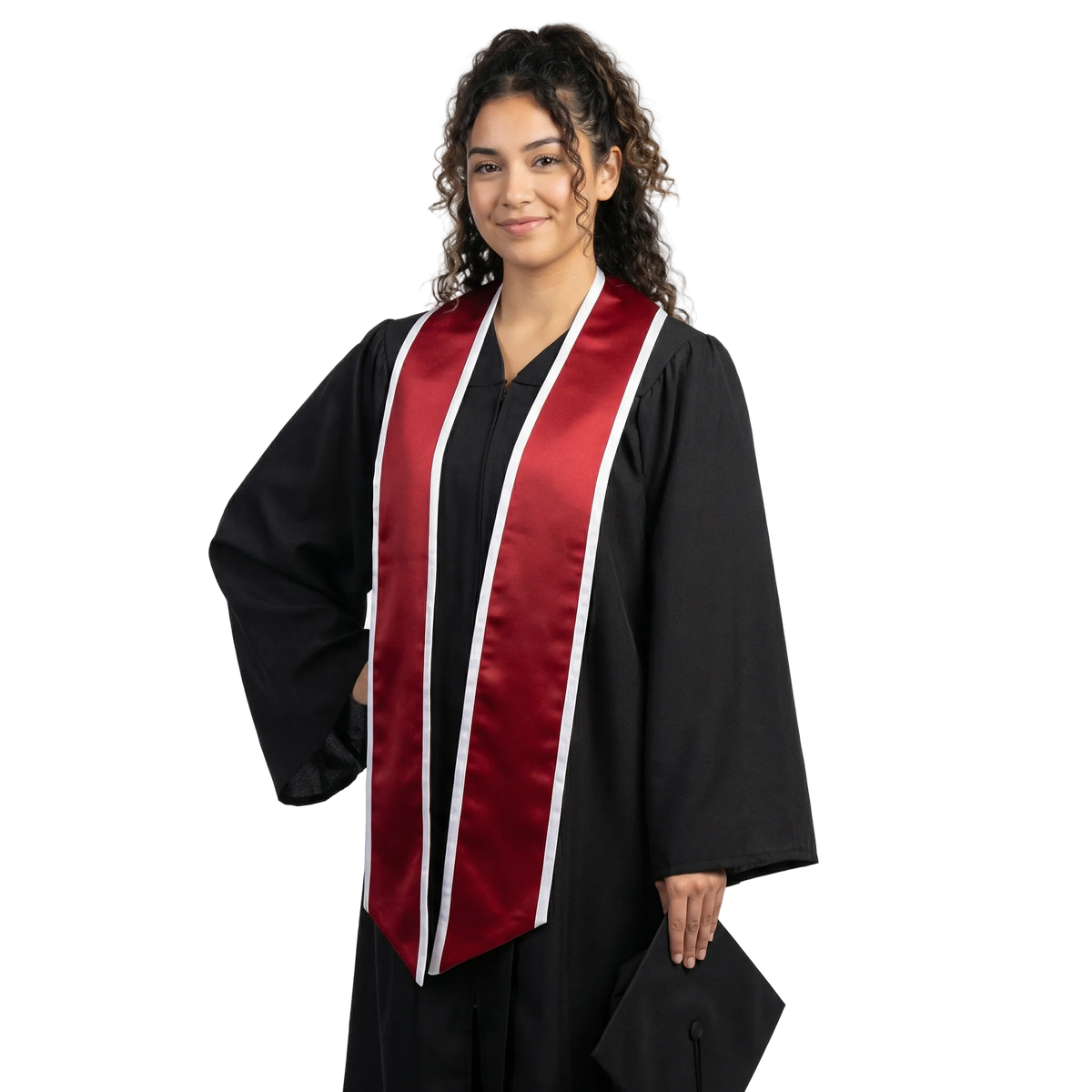Crimson graduation stole with white trim along the edges and slanted ends, shown in a front view.