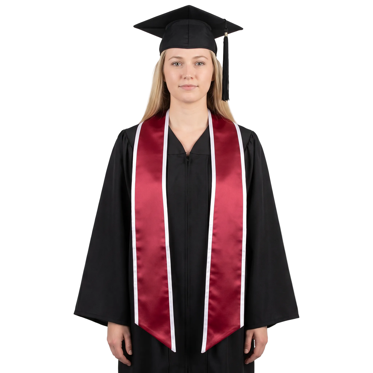 Graduate wearing a crimson graduation stole with white trim and slanted ends over a black gown, holding a black graduation cap.
