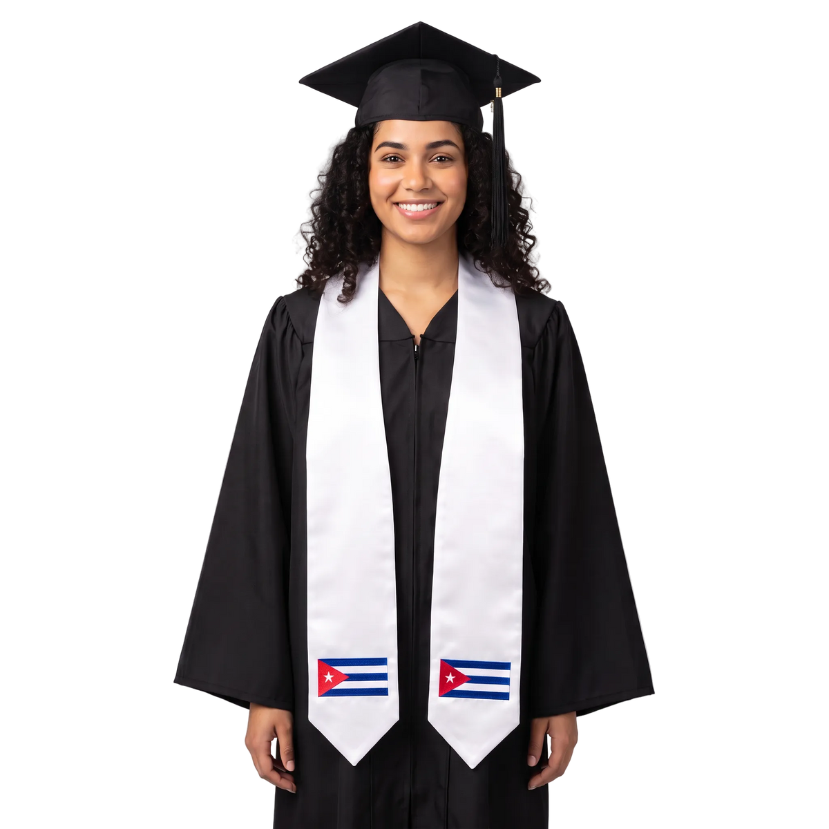 White graduation stole with embroidered Cuban flag patches on both sides, featuring blue and white stripes, a red triangle with a white star, and pointed ends.
