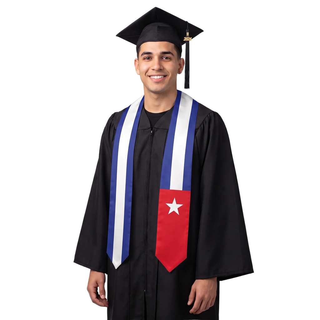 Cuba graduation stole with Cuban flag design, graduation sash worn over a graduation gown