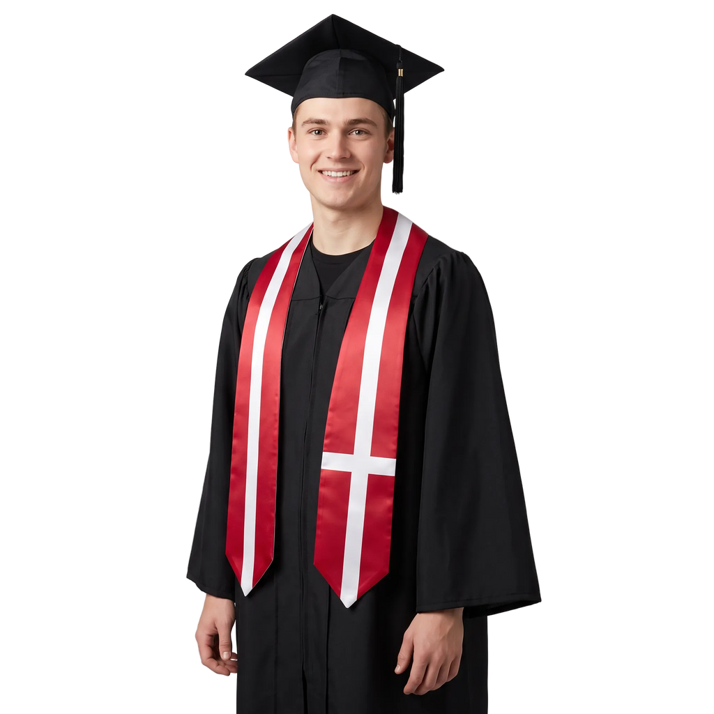 Denmark graduation stole with Danish flag design, graduation sash worn over a graduation gown