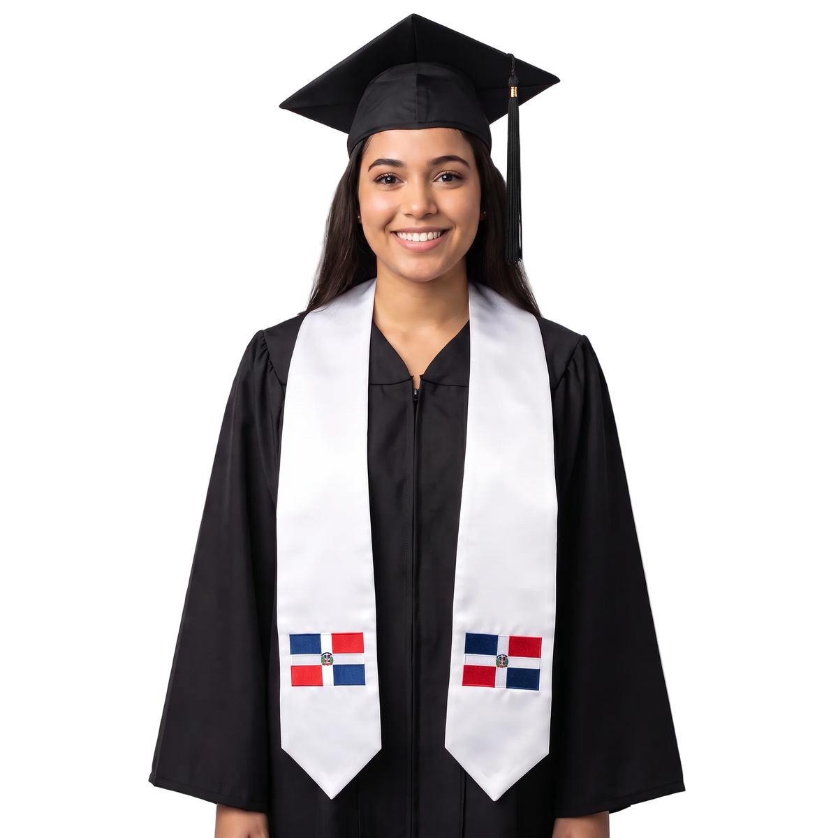 White graduation stole with embroidered Dominican Republic flag patches on both sides, featuring red and blue quarters, a white cross, a central coat of arms, and pointed ends.
