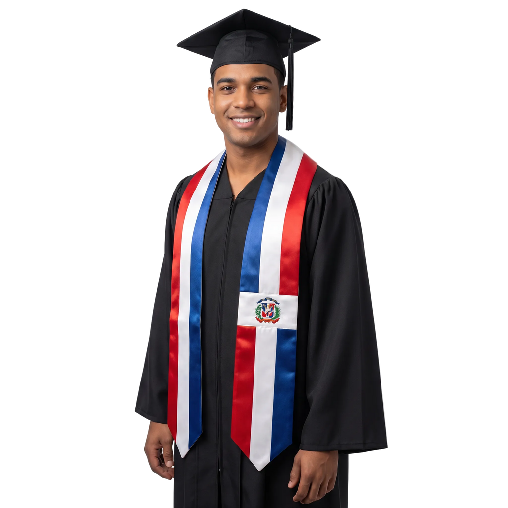 Dominican Republic flag graduation stole with red, white, and blue vertical stripes, the Dominican coat of arms on one side, and pointed ends. 
