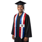 Dominican Republic flag graduation stole with red, white, and blue vertical stripes, the Dominican coat of arms on one side, and pointed ends. 
