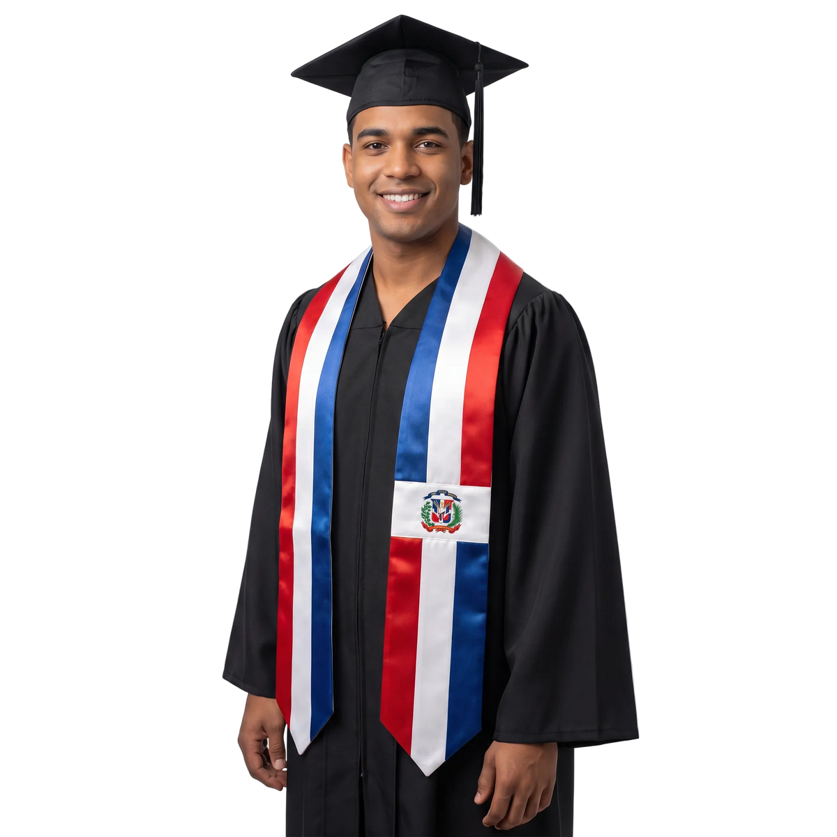 Dominican Republic flag graduation stole with red, white, and blue vertical stripes, the Dominican coat of arms on one side, and pointed ends. 
