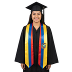 Ecuador graduation stole with Ecuadorian flag design, graduation sash worn over a graduation gown