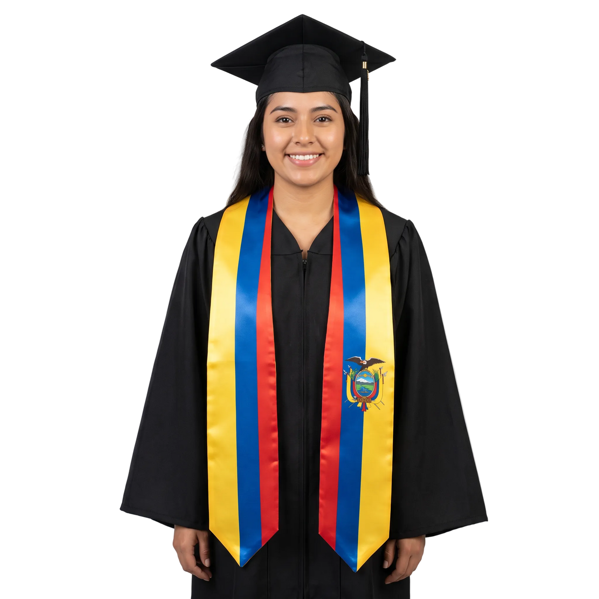 Ecuador graduation stole with Ecuadorian flag design, graduation sash worn over a graduation gown