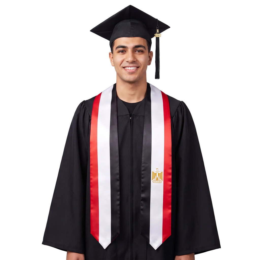 Egypt graduation stole with Egyptian flag design, graduation sash worn over a graduation gown
